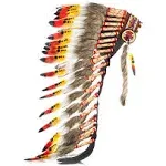 The World of Feathers Native American Inspired Headdress - Handcrafted with Genuine Feathers and Beads, Red & Yellow Swan, One Size