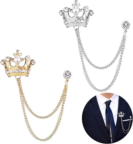 Shuxy 2pcs Men's Brooch Crown Hanging Chain Brooch Stone Detailing with Engraving Metal Crystal Brooch Suit Stud Lapel Pin Vintage Rhinestone