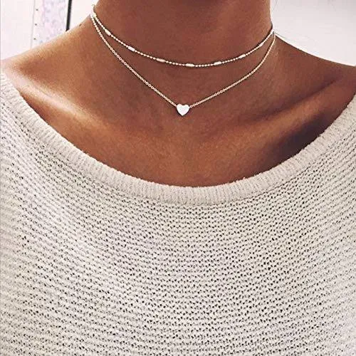 Aluinn Love Heart Layered Choker Necklace Silver Simple Beads Pendant Necklace Simple Chain for Women and Teen Girls