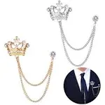 2PCS Men's Brooch Crown Hanging Chain Brooch Stone Detailing with Engraving Metal Crystal Brooch Suit Stud Lapel Pin Vintage Rhinestone Breastpin Wedding Brooch Pin, Gold and Silver