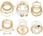 IFKM 6 Pack (24 Pcs) Boho Gold Chain Bracelets Set for Women, 14K Gold Plated Multiple Layered Stackable Open Cuff Wrap Bangle Adjustable Link