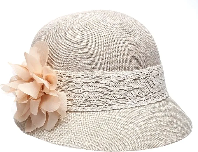 Women's Epoch Gatsby Linen Cloche Hat with Lace Band and Flower