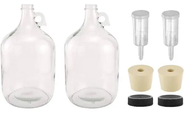 North Mountain Supply - 1G-38-ST-3P-2 1 Gallon Glass Fermenting Jug with Handle, 6.5 Rubber Stopper, 3-Piece Airlock, Black Plastic Lid - Set of 2