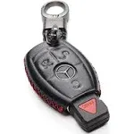 Vitodeco Leather Keyless Entry Remote Control Smart Key Case Cover with a Key Chain Compatible for Mercedes Benz (Black/Red)