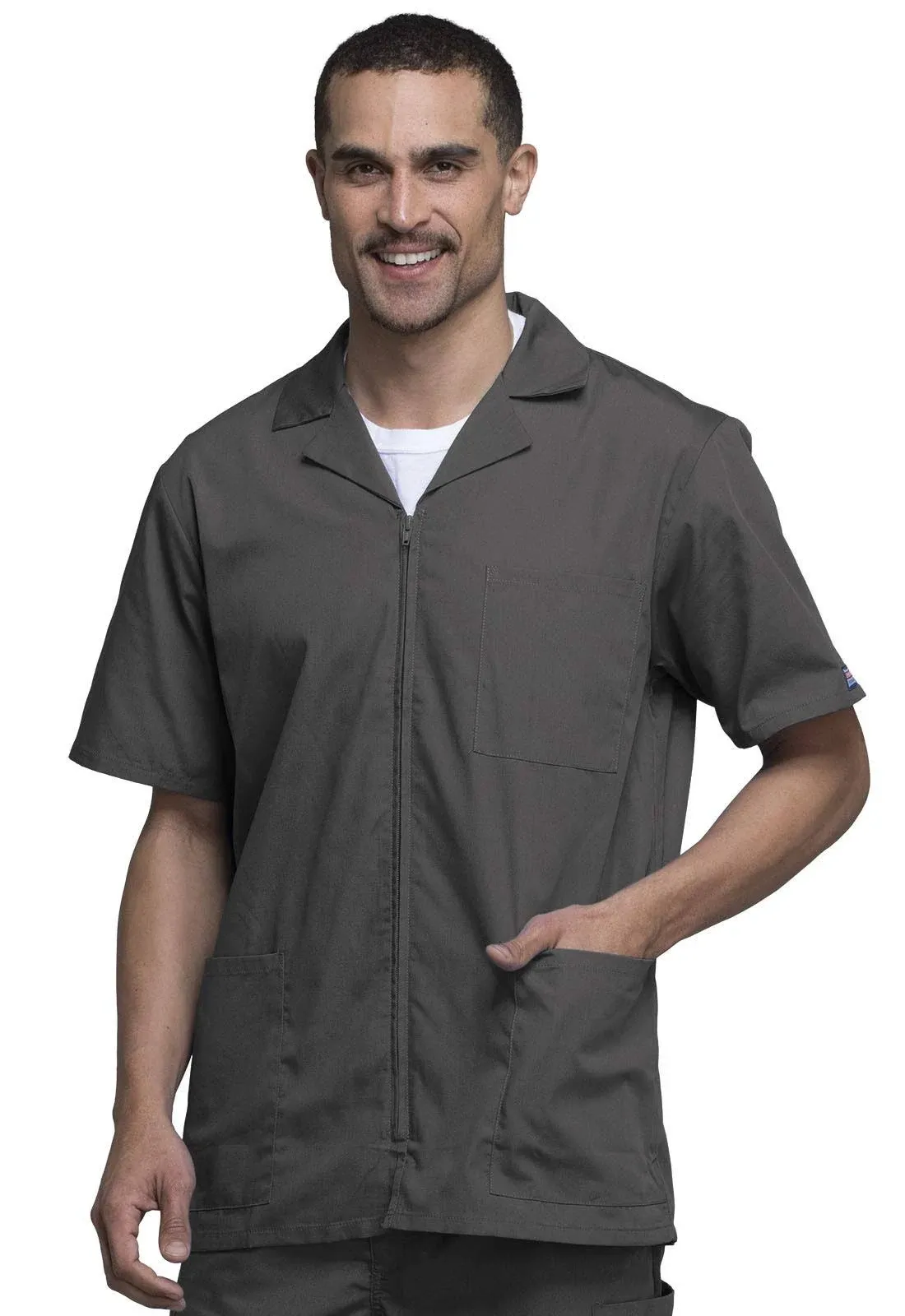 "Cherokee Workwear Men's 3-Pocket Short Sleeve Zip Front Scrub Jacket"