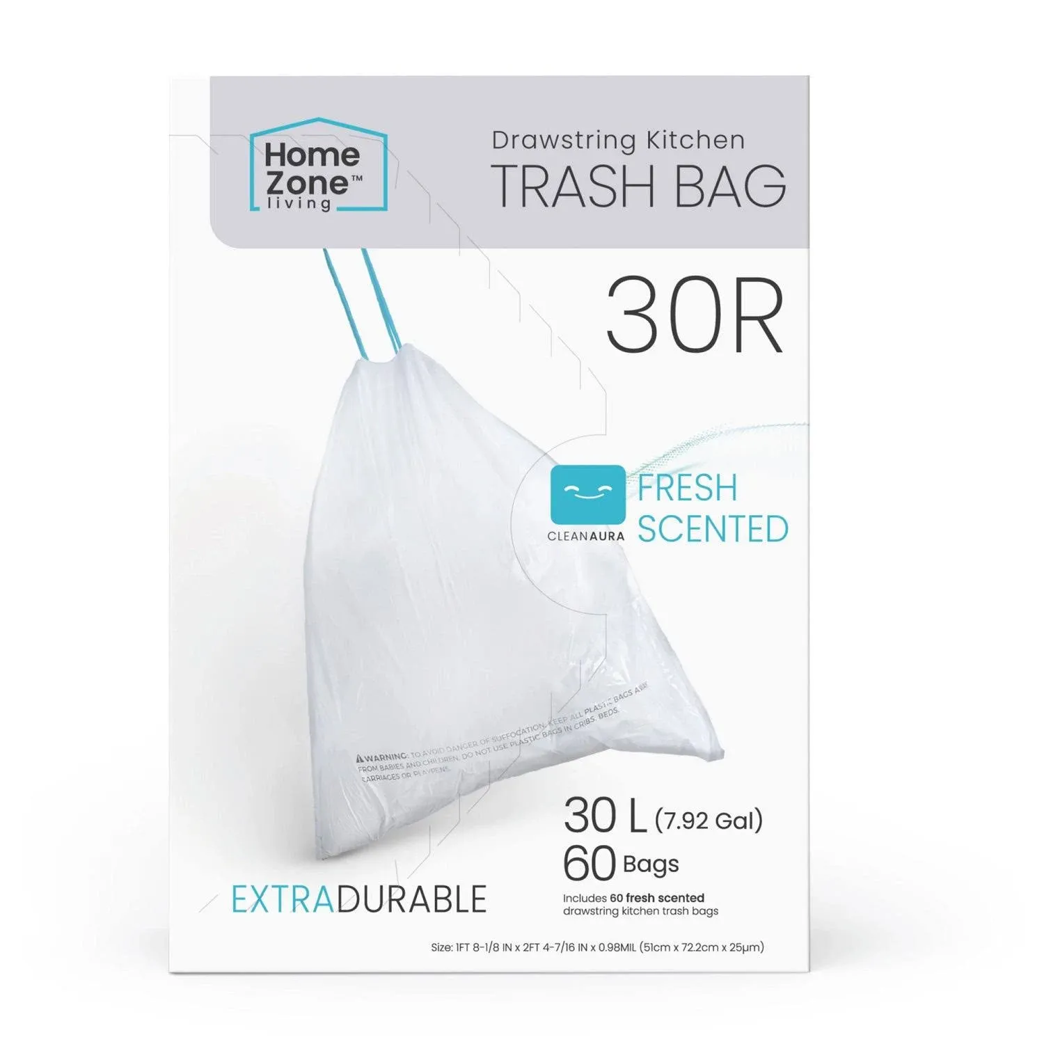 Home Zone Living 8 Gallon Kitchen Trash Bags with Drawstring Handles, Heavy Duty Custom Fit Design for 30 Liter Dual Recycling Liners, Code 30R, 60