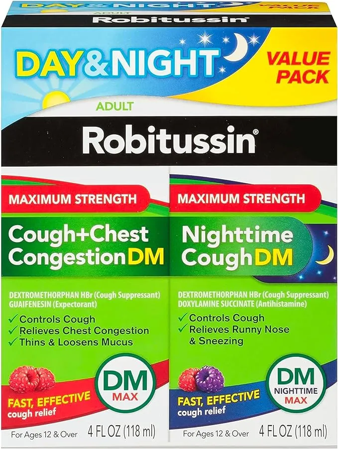 Adult Maximum Strength Cough + Chest Congestion & Nighttime Cough DM Max Raspberry, Blue Raspberry