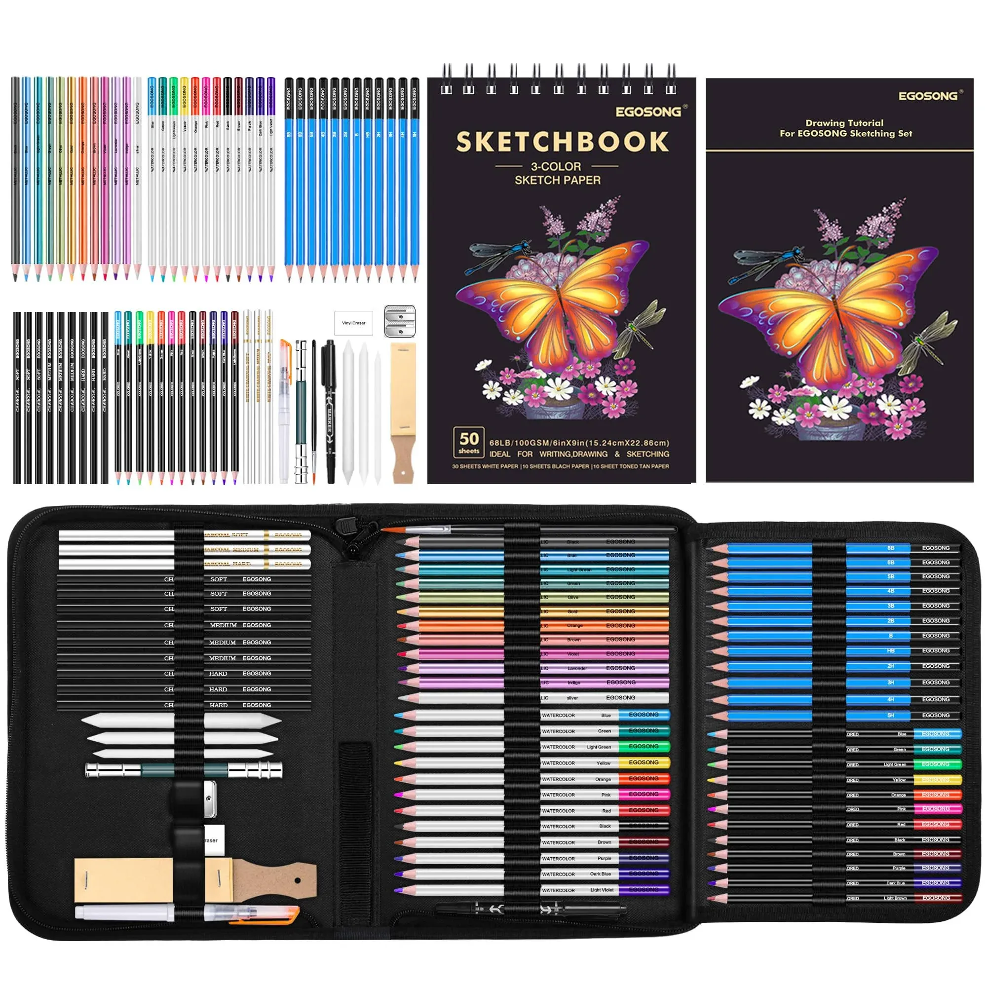 EGOSONG Drawing Set Sketch Pencils Kit,78 Pieces Sketching Supplies with 3-Color Sketchbook,Colorless Blender and Graphite,Charcoal Pencil,Pro Art Supplies Kit for Artists Adults Teens Beginners