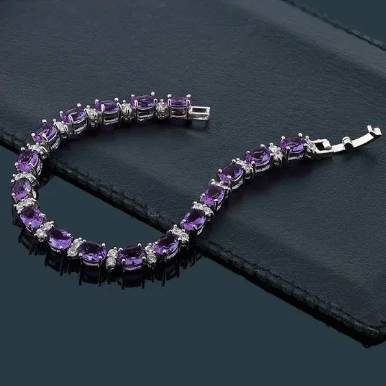 Gem Stone King 7 Inch Purple and White CZ Bracelet Set With Matching 2 Inch Pear shape Dangle Earrings