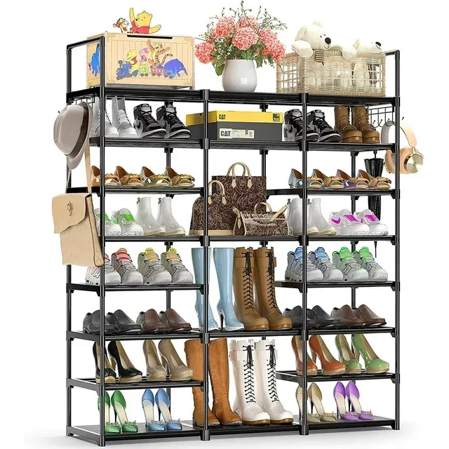 Finew Shoe Rack Organizer 8 Tiers Large Shoe Storage Rack for Entryway Closet, Metal Shoe Shelf for 46-50 Pairs Shoes and Boots, Black Free Standing Shoe Stand with Hooks for Hallway Bedroom Cloakroom