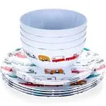 Camco Life is Better at The Campsite Dishware Set | Features a Virtually Unbreakable Melamine Construction, is Top Rack Dishwasher Safe, and has a Multicolored RV-Themed Design | 12-Piece (53297)