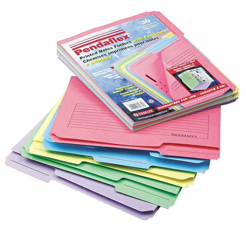 Pendaflex 45270 Printed Notes Folders with Fastener, 1/3 Cut Top Tab, Letter, Assorted, 30/Pack