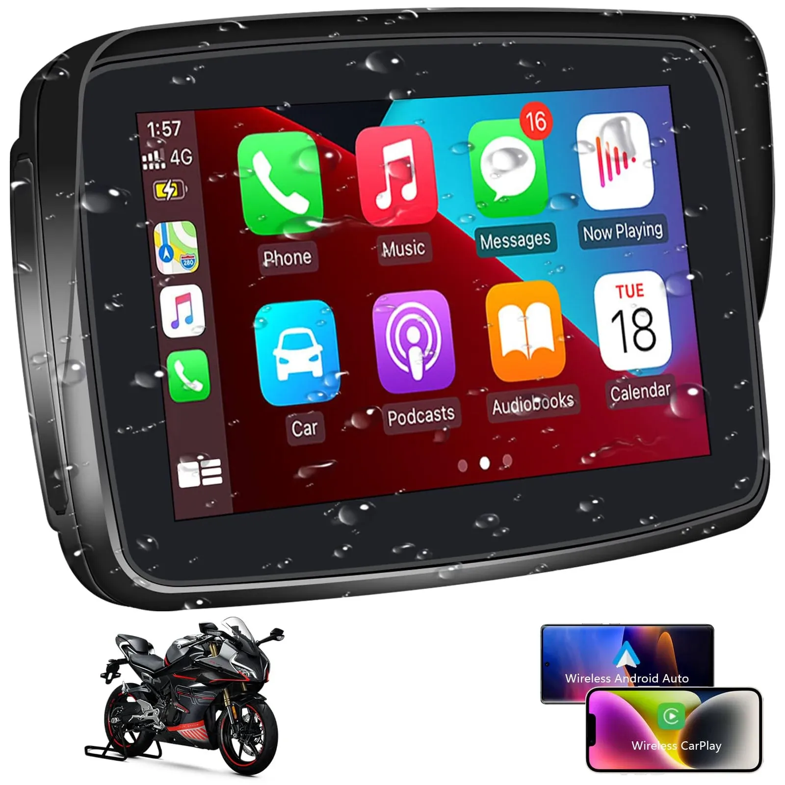 SANPTENT Portable Carplay Screen for Motorcycle, Wireless Apple CarPlay & Android Auto, 5-Inch IP67 Waterproof GPS Navigation, Voice Control, 5G Dual Bluetooth, TF Input