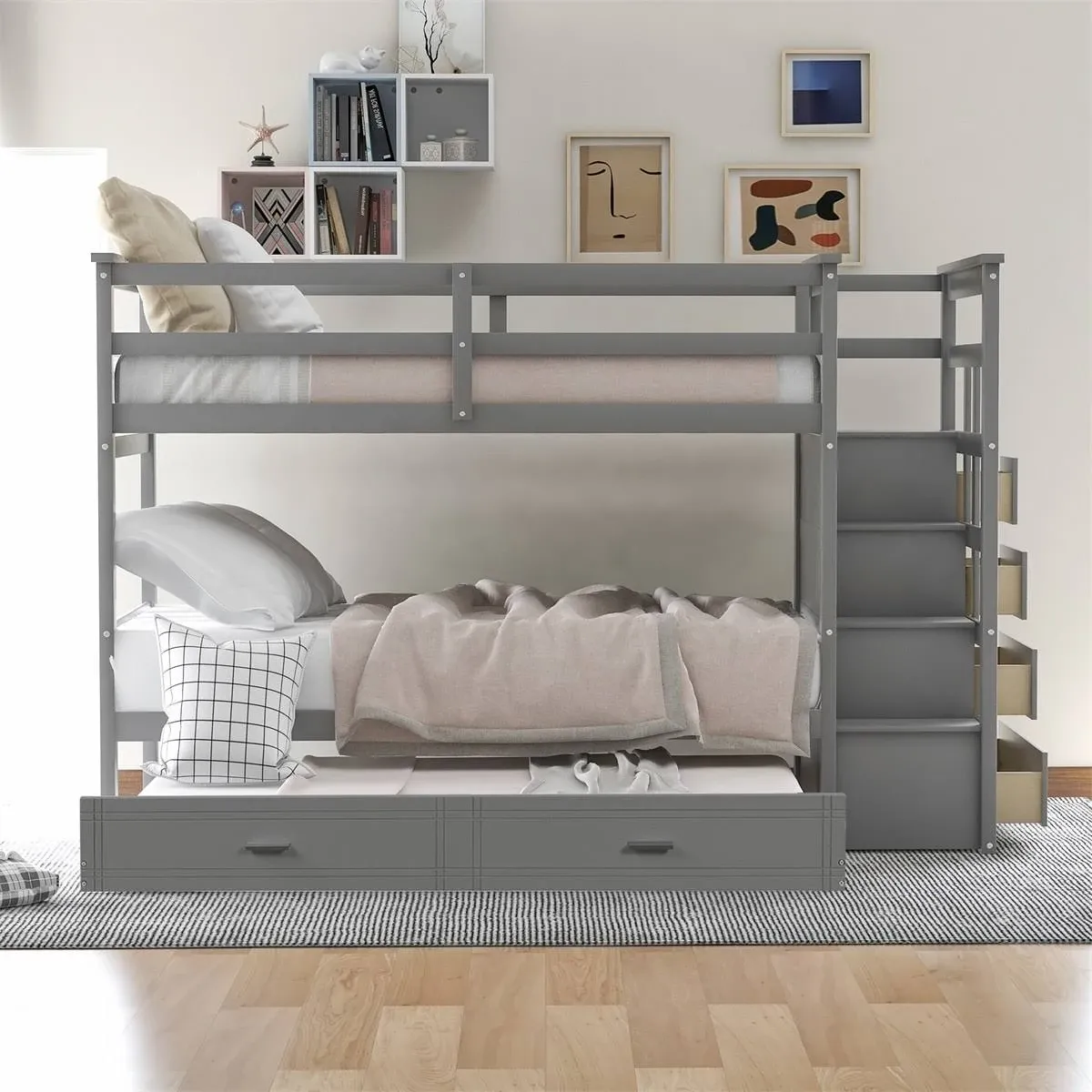 Harper & Bright Designs Bunk Bed with Trundle and Staircase Grey Twin