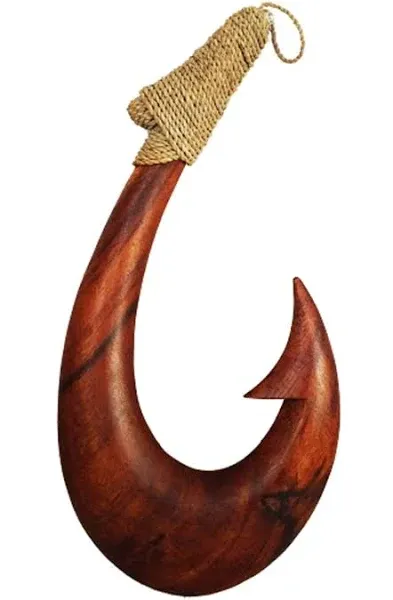 12&#034; TALL HAND CARVED ACACIA MONKEYPOD WOOD HAWAIIAN MAKAU FISH HOOK CORD WRAPPED