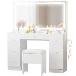 Ironck Vanity Desk with LED Lighted Mirror, Power Outlet, 7 Drawers, Makeup Vanities Table