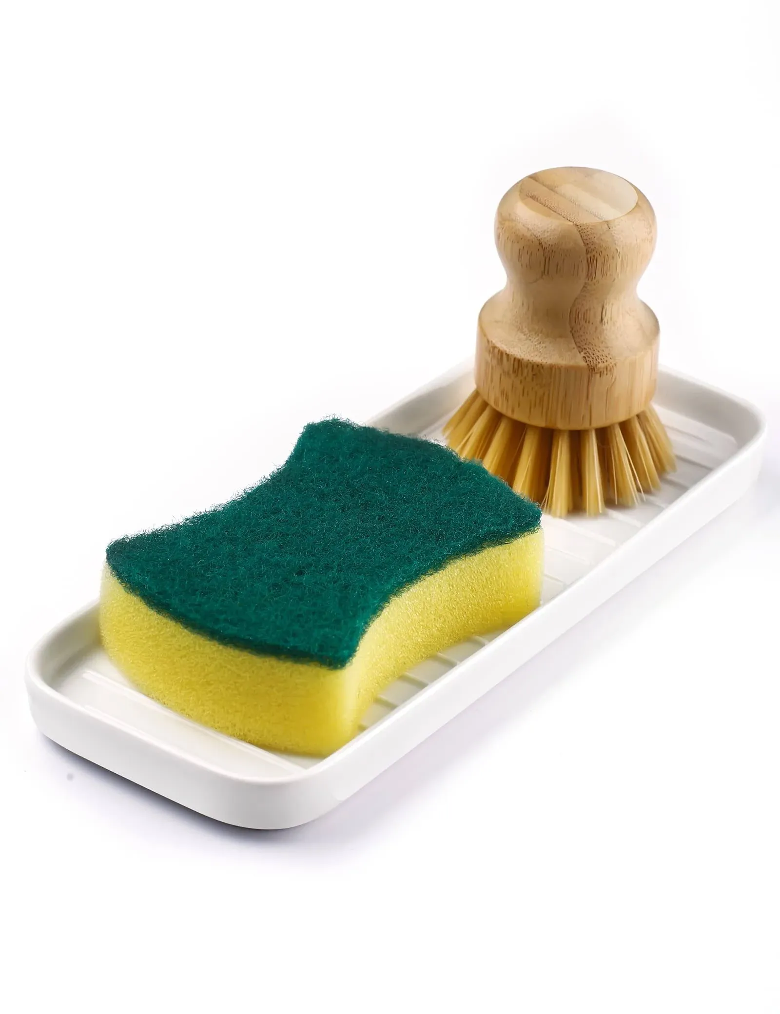 Nucookery 9" Ceramic Sponge Holder for Kitchen Sink Dish Soap Dispenser Tray Rectangle Sink Soap Tray Easy to Clean