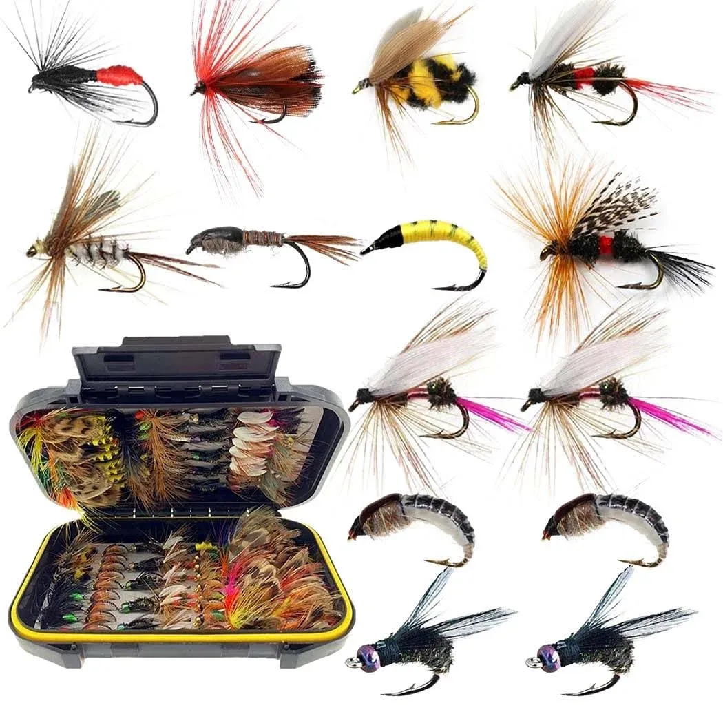 Handwork Fly Fishing Flies Kit, 50/114Pcs Handmade Fly Fishing Gear with Dry/Wet Flies, Streamers, Fly Assortment Trout Bass Fishing with Fly Box (