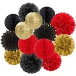 Red-Black Gold Party Decorations Streamers Lanterns - 14pcs Casino-Theme Graduation 2024 Paper Fan,Game Night Wedding Birthday Baby Bridal Shower Tissue Pom Poms,Honeycomb Balls Decor Ouruola