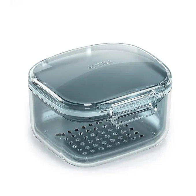 Denture Case, Retainer Case, Denture Bath Box Cup with Strainer basket, Cute Denture Holder Storage Soak Container for Travel Cleaning, Exquisite Retainer cleaner Case, Mouth Guard Case (Blue)