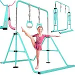 PreGymnastic Updated Folding Gymnastics Bar with Rings, Foldable Kip Bar with Sturdier Base, Gymnasitc Training Bar for Kids Ages 3-10, Gymnastic Horizontal Bars, Home Gym Equipment for Boys Girls