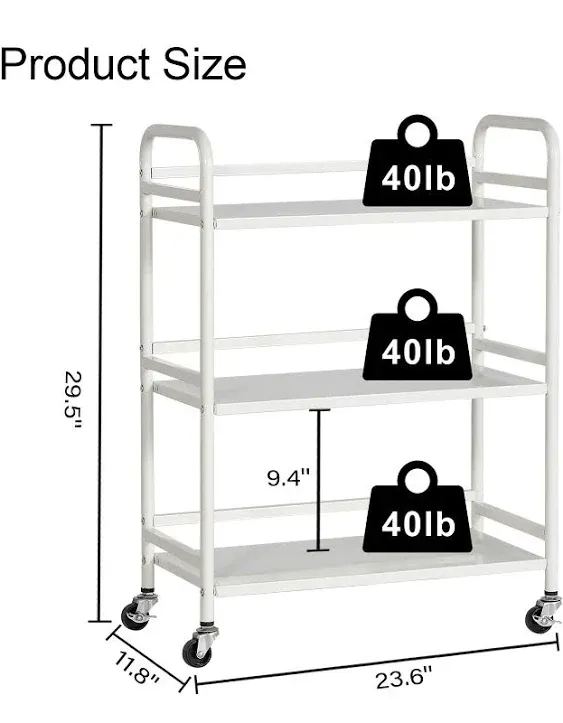 DCLRN 3 Tier Rolling Cart with Lockable Wheels Sturdy Construction,Solid Shelves,Recessed Screw Holes Ideal for Kitchen and Home Storage Size:23.6" Dx11.8 Wx29.5 H(White)