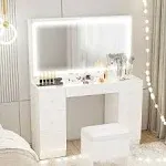 IRONCK Vanity Desk Set with LED Lighted Mirror & Power Outlet, 7 Drawers Makeup Vanities Dressing Table with Stool, for Bedroom, White