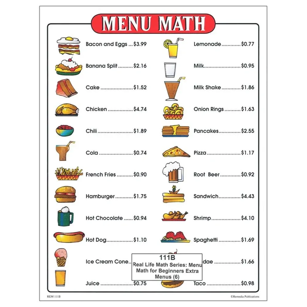 Remedia publications Menu Math for Beginners 6pk Extra Price Lists