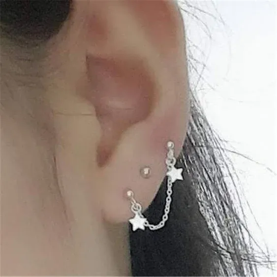 Star Double Piercing Tassel Chain Drop Dangle Cartilage Ball Bead Stud Earrings for Women 925 Sterling Silver Double Stars 2 Hole Helix Tragus Post Pin Fashion Cute Birthday Christmas Easter Jewelry Gifts