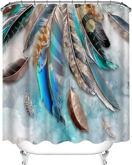 Artmyharbor Feather Shower Curtain Green Blue Brown Animal Feathers Print Bath Curtain 72x72 Inches Waterproof Fabric Retro Bathroom Accessories with 12 Hooks