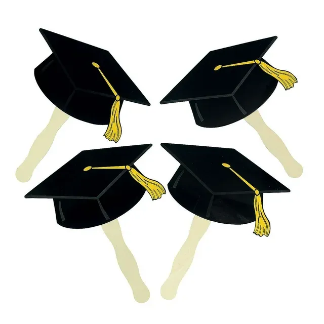 Black Graduation Cap Hand Fans - Party Supplies - 12 Pieces