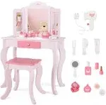 INFANS Kids Vanity, 2 in 1 Princess Makeup Desk Set, Wooden Dressing Table, Pretend Play Vanity Set