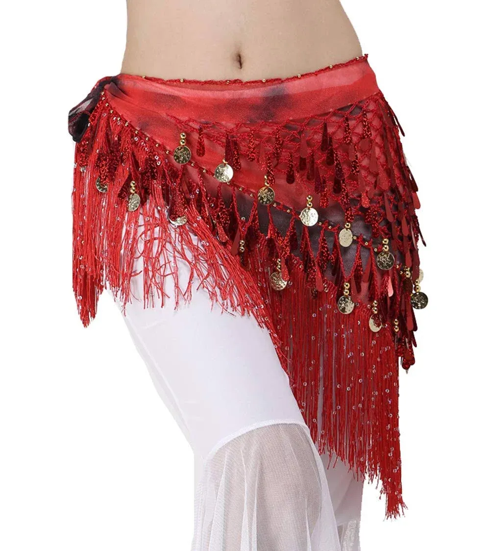 Lauthen.S Belly Dance Hip Scarf with Tassels Sequins, Triangle Coins Wrap Skirt Music Festival Clothing