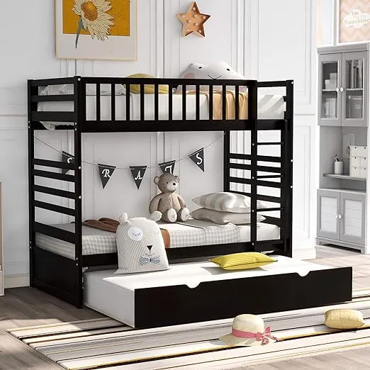 Twin Bunk Bed with Ladder, Safety Rail, Trundle Bed with 3 Drawers for Teens US