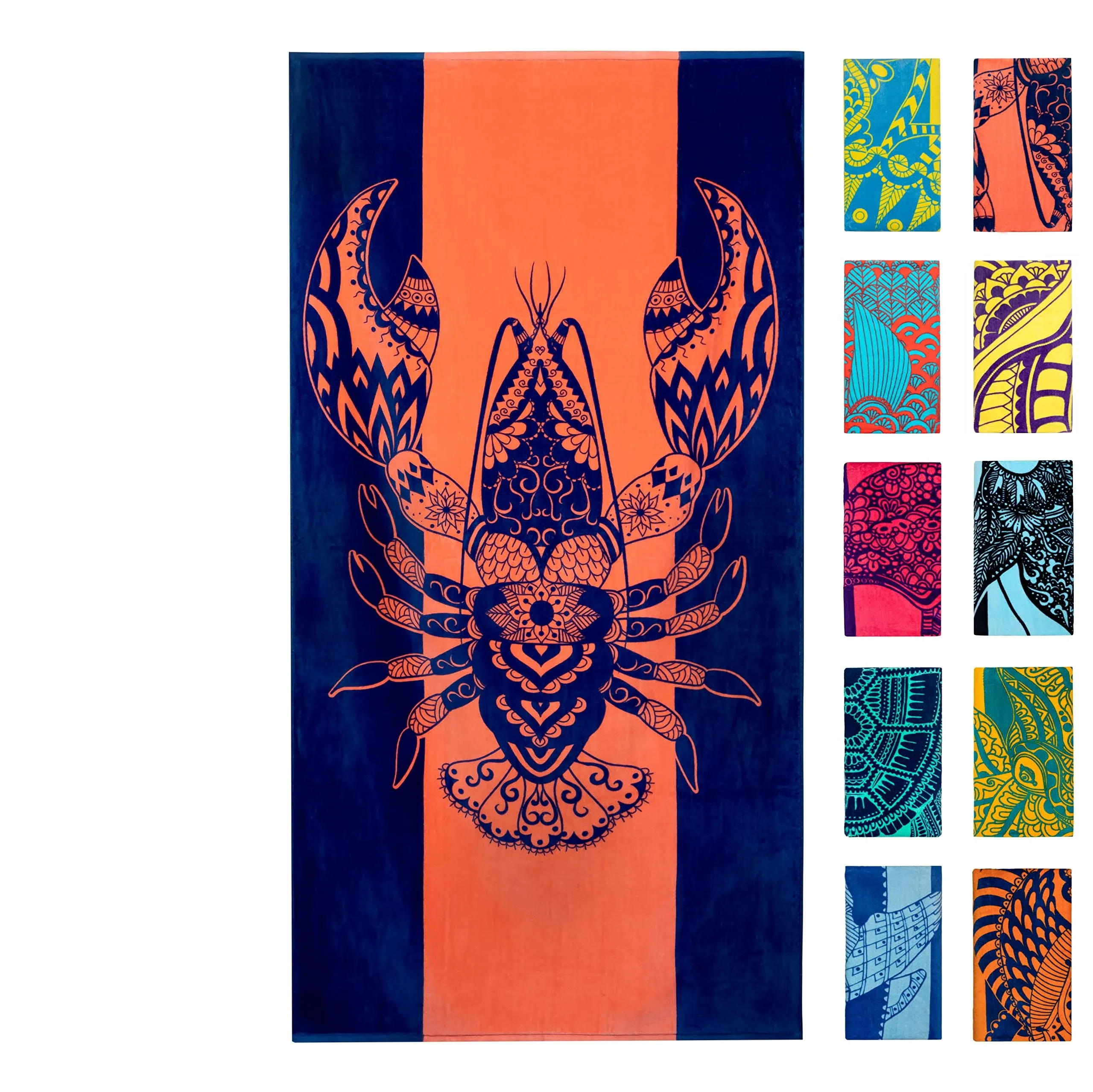 Nova Blue Lobster Beach Towel (34 X 63) - Solid Color Beach Towel Made from 100% Cotton – Coral Stripe Large Beach Towel with Tropical Design – Extra Large, XL Beach Blanket