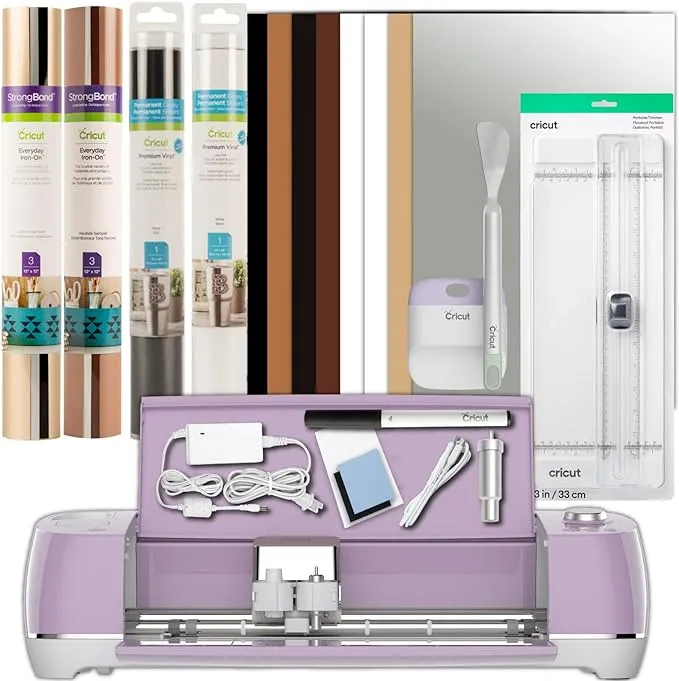 Cricut Explore Air 2 with Everyday Iron-On Samplers, Vinyl Rolls, Essential Tool Set and Portable Trimmer Bundle - Neutral Cutting Machine Materials Set, DIY Home Decor and Apparel, Beginner Craft Kit