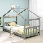 Giantex House Bed Twin, Solid Wood Kids House Bed with Roof, Grey