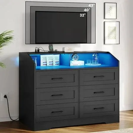 6 Drawer Dresser with LED Lights and Charging Station, Chest of 6 Drawers with Open Space,Large Capacity Storage Cabinet Black Dresser for Bedroom,