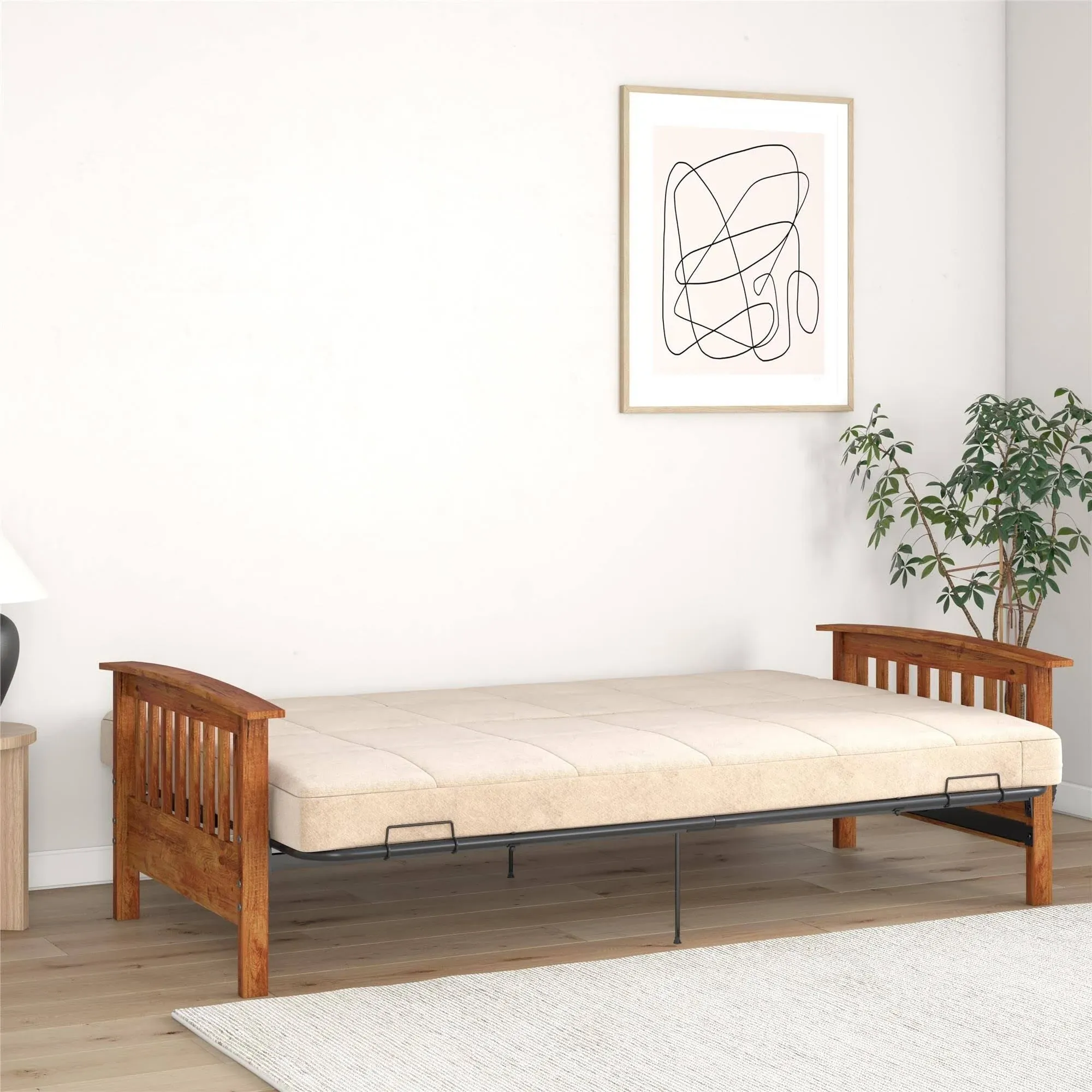 RealRooms Elbi Full Size Wood Arm and Black Metal Futon Frame Natural