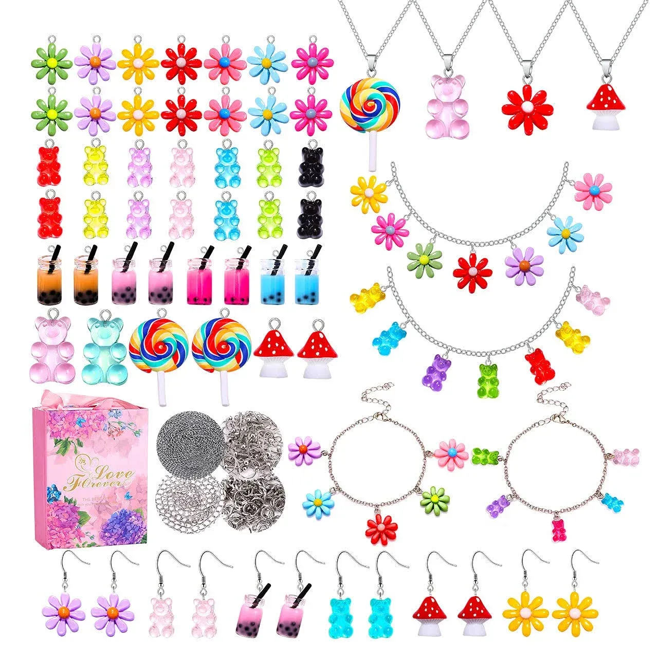 HSWE 263 PCS Charm Bracelet Making Kit,Colorful Gummy Candy Bear Milk Tea Lollipop Flower Pendant Charms Cute Funny Mushroom Earring Necklace DIY Jewelry Craft Making for Women