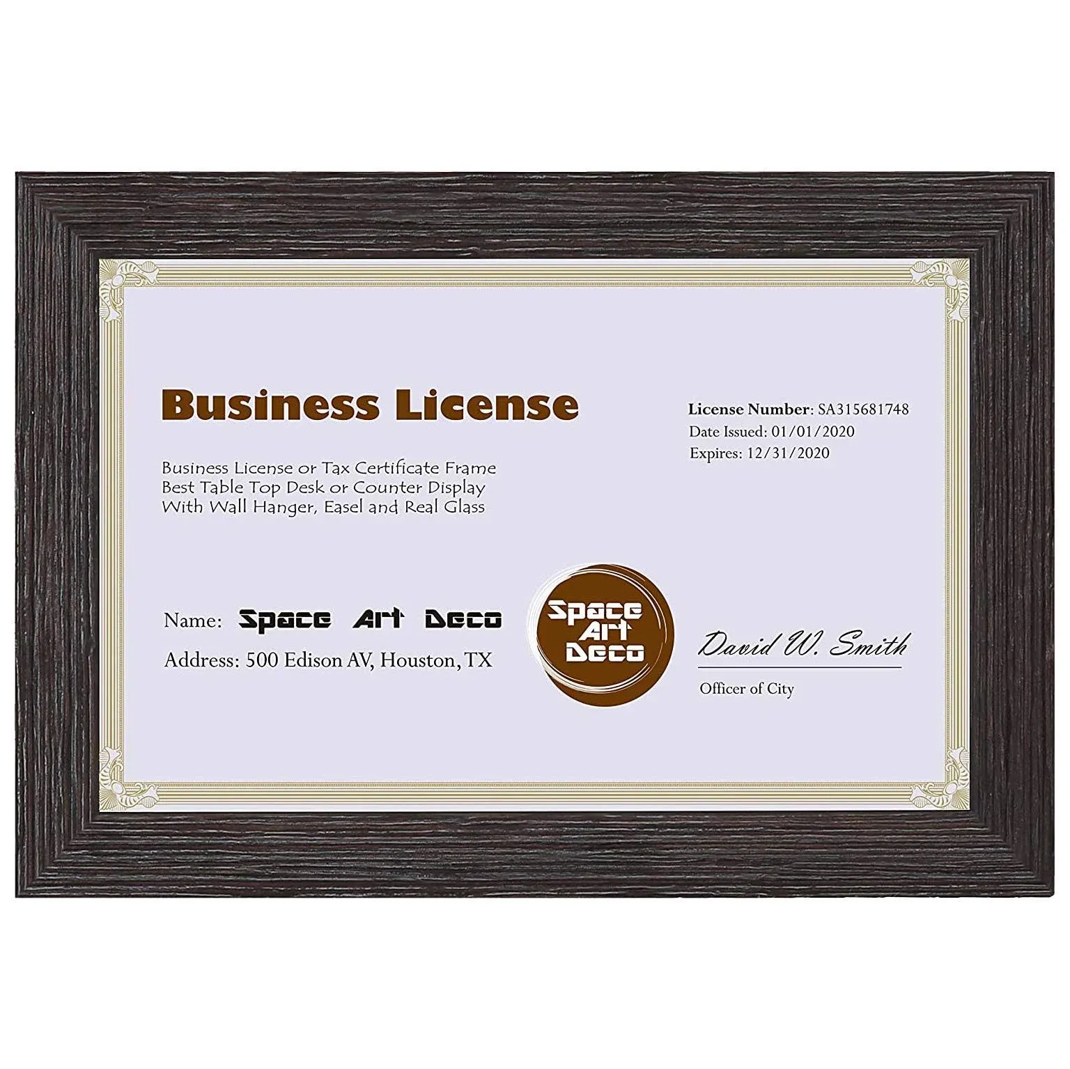 Space Art Deco 5.5x8.5 Dark Brown Textured Document Frame - Easel Stand - D-Ring Hangers - for Business License and Certificates - Desk/Table Top Display - Glass (Dark Brown)