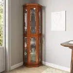 Belleze Lighted 3-Side Glass Display Curio Cabinet w/ Tempered Glass Doors and Shelves, Accent Wooden Corner Cabinet with Bulb, Corner Storage