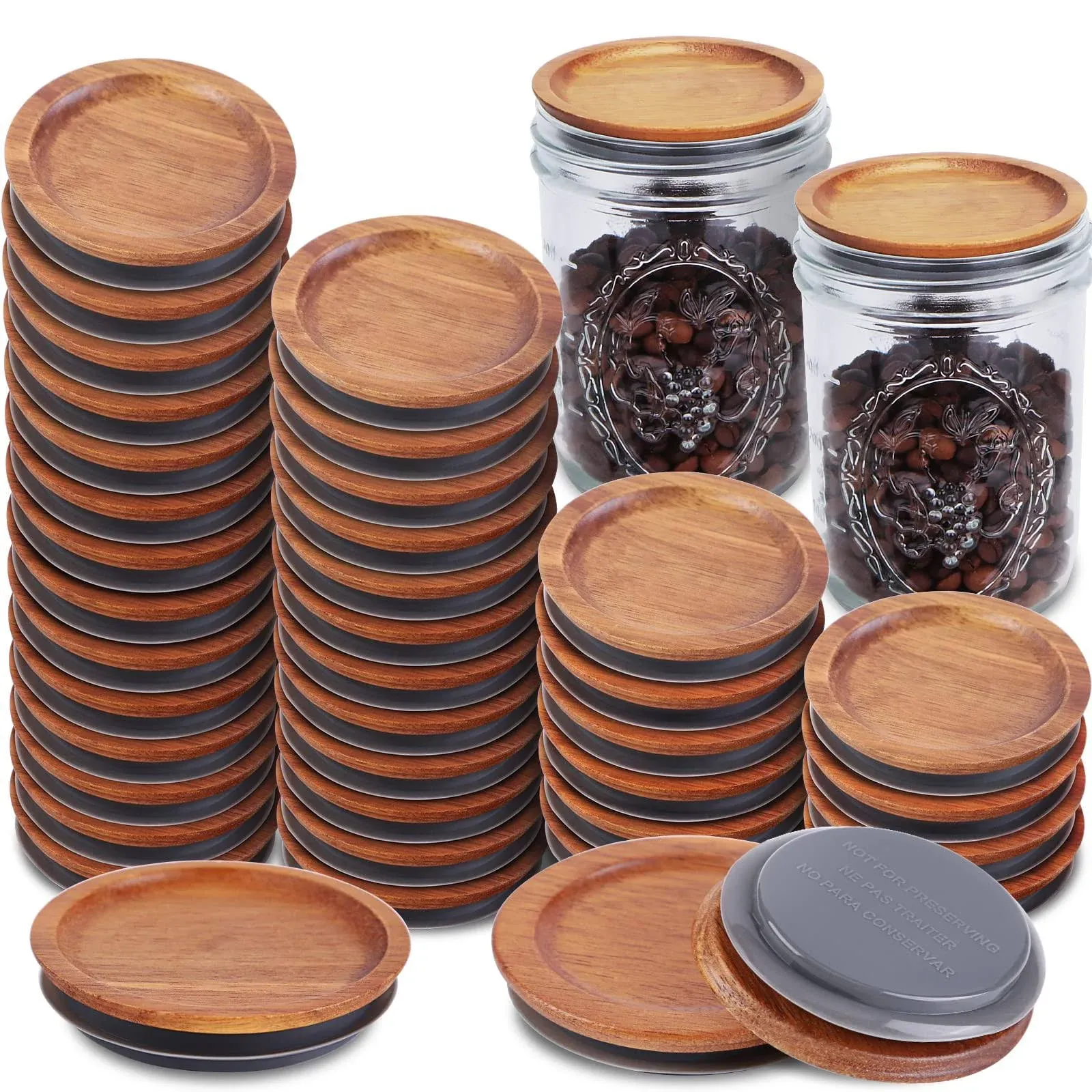 36Pack Wide Mouth Mason Jar Lids Acacia Wooden Storage Canning Jar Lids Ball Jars Bamboo Wooden Lids with Airtight Silicone Seal Ball Wooden Lids for Mason Jars, Brown