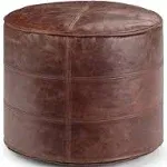 Simpli Home Connor Genuine Leather Round Pouf in Distressed Brown