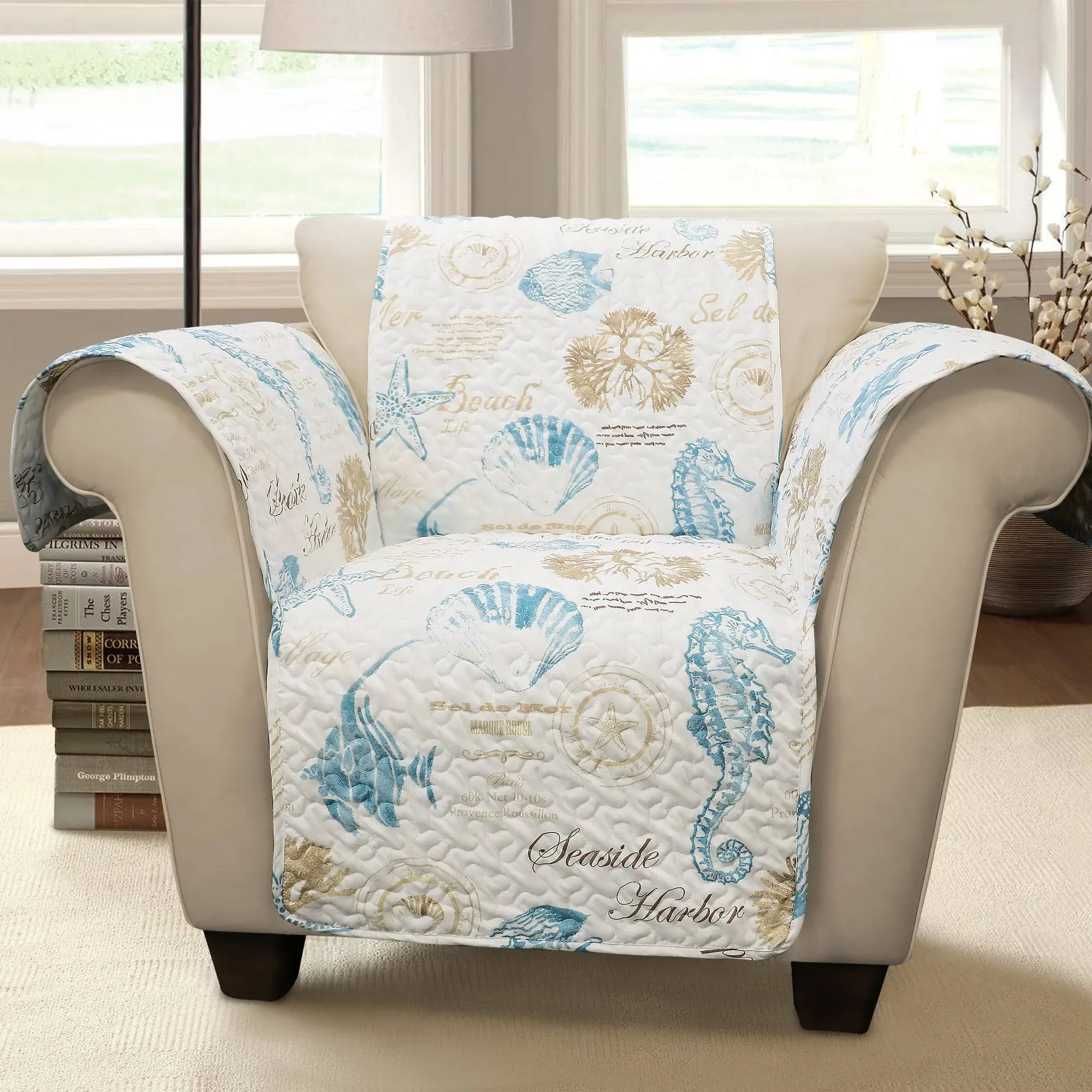 Lush Decor Harbor Life Furniture Protector - Seashell Beach Ocean Pattern Armchair Cover - Blue and Taupe