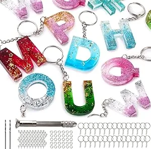 Mocoosy 134Pcs Alphabet Keychain Resin Molds Kit, Reversed Letter Number Silicone Mold Epoxy Resin Casting Molds Key Chain Making Set with 1 Hand Drill 2 Drill Bits 30 Key Rings 100 Screw Pins