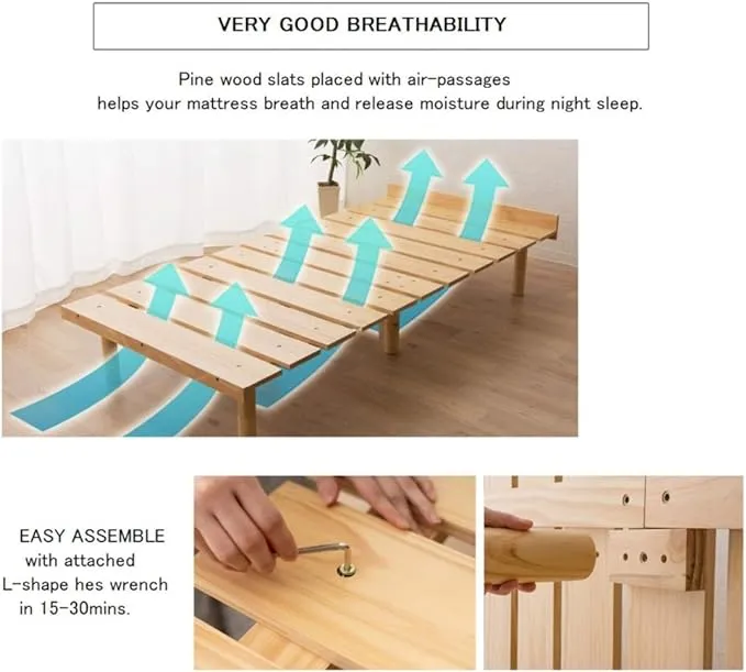 Wood Slatted Floor Bed Frame OSMOS Twin for Japanese Futon Mattress Solid Pine (