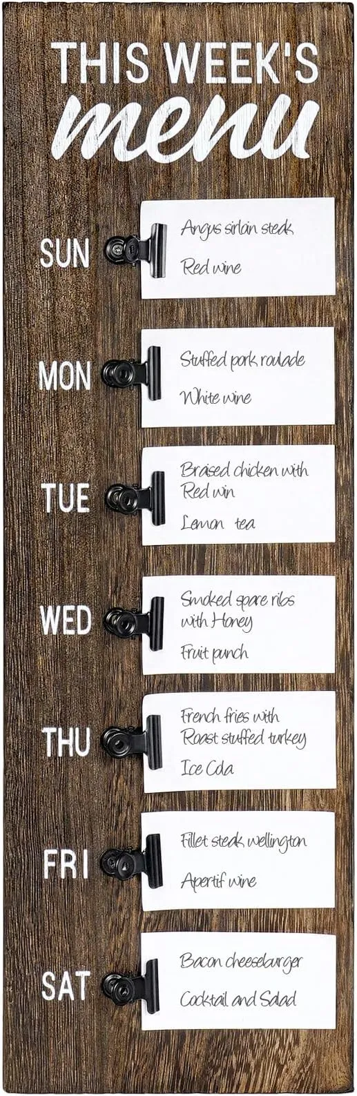 Menu Board for Kitchen Weekly Meal Planner Rustic Wood Board with Clips, Farmhou