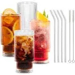 Combler Water Glasses Drinking Set of 8, 4pcs 11oz Glass Cups with Straws & 4pcs 6oz Cocktail Glasses, Cute Small Cups, Ribbed Glassware Sets for Wine Iced Coffee, Kitchen Housewarming Gifts