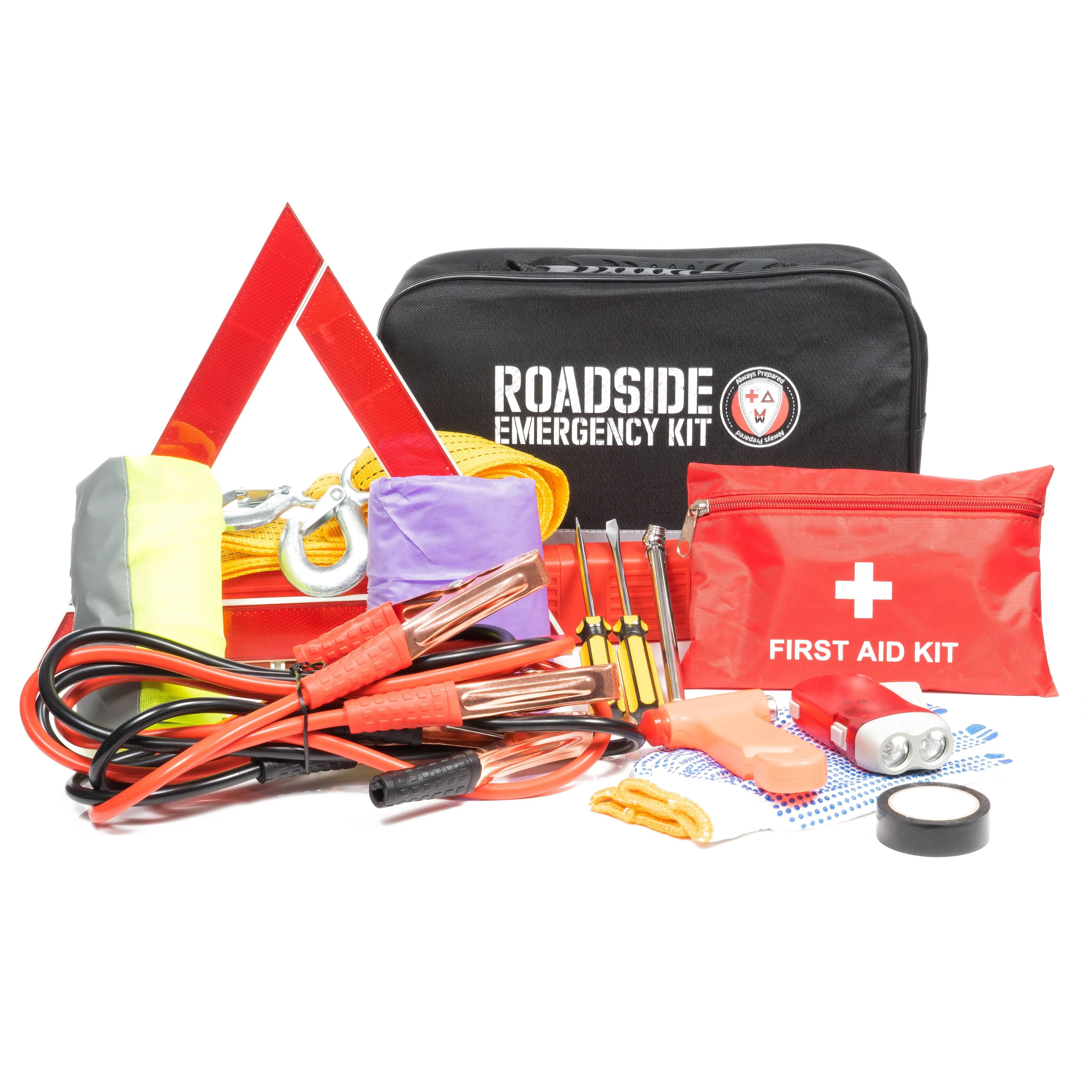 Roadside Assistance Emergency Car Kit - First Aid Kit, Jumper Cables, Tow Strap,